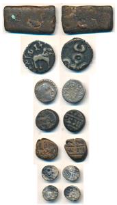 A group of ancient coins containing Copper units of Sri Satakarni (1), Krishnadevaraya (2)
