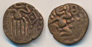 Venad Cheras, Battle-axe Cash, seated king, to his right Battle-axe and Grantha letter 'Ch