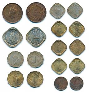 George VI, 1/12 Anna, ¼ Anna, ½ Anna, 1 Anna, 2 Annas, several coins, lot of 9. All uncirc
