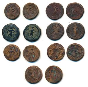 Yaudheyas (c. 2nd century BC), Copper Unit (7), obv. Lord Kartikeya with peacock and Brahm