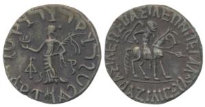 Indo Scythian, Azilises (c. 85-45/35 BC), Silver Tetradrachm, 9.46g, king holding spear mo