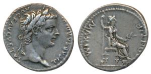 Roman, Tiberius (14-37 AD), Silver Denarius, 3.62g, Tribute Penny, Goddess seated to right