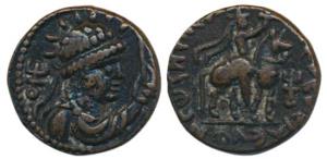 Kushanas, Soter Megas alias Wima Takto, Copper Drachm, obv. bust of the Kushan ruler to ri
