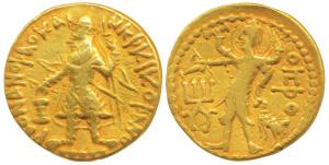 Kushanas, Kanishka I (c. 127-151 AD), Gold Dinar, 7.83g, obv. caped and crowned king stand