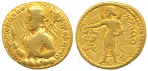Kushanas, Huvishka, Gold Dinar, 7.69g, obv. nimbate, diademed and crowned bust of the king