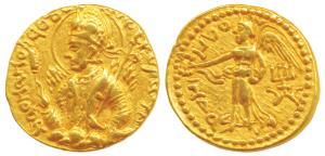 Kushanas, Huvishka, Gold Dinar, 7.87g, Mint I (A), 3rd emission, obv. nimbate, diademed an