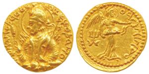 Kushanas, Huvishka, Gold Dinar, 7.89g, Mint I (A), 3rd emission, obv. nimbate, diademed an