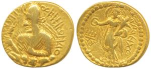 Kushanas, Huvishka, Gold Dinar, 7.73g, obv. nimbate, diademed and crowned bust of the king
