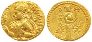 Kushanas, Huvishka, Gold Dinar, 7.85g, obv. nimbate, diademed and crowned bust of the king