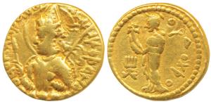 Kushanas, Huvishka, Gold Dinar, 7.80g, obv. nimbate, diademed and crowned bust of the king
