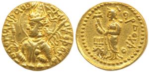 Kushanas, Huvishka, Gold Dinar, 8.02g, Mint I (A), 4th emission, obv. nimbate and helmeted