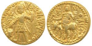 Kushanas, Vasudeva, Gold Dinar, 7.87g, obv. king nimbate standing left, holding a trident 
