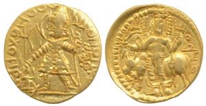 Kushanas, Vasudeva, Gold Dinar, 7.68g, obv. king nimbate standing left, holding a trident 