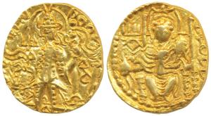 Later Kushanas, Vasudeva II (c. 250-260 AD), Gold Dinar, 7.85g, obv. king standing left, h