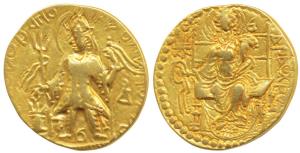 Later Kushanas, Vasudeva II, Gold Dinar, 7.83g, obv. king standing left, holding a trident