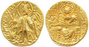 Later Kushanas, Vasudeva II, Gold Dinar, 7.68g, obv. king standing left, holding a trident