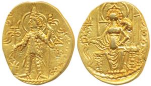 Later Kushanas, Mahi (c. 300-305 AD), Gold Dinar, 7.74g, obv. king nimbate, standing left,