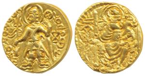 Later Kushanas, Magra (Rebel) (c. 300 AD), Gold Dinar, 7.86g, obv. king nimbate, standing 
