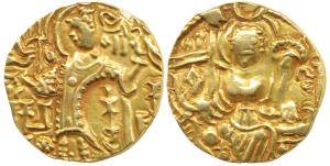 Kidara Kushanas, Shaka (c. 320-350 AD), Gold Dinar, 7.8g, king standing right with trident