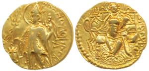 Later Kushanas, Shaka, Gold Dinar, 7.73g, obv. king nimbate, standing left, holding staff 