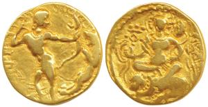 Guptas, Chandragupta II (c. 380-413 AD), Gold Dinar, 7.74g, ’Lion-Slayer’ type, obv. king 