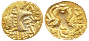 Karkotakas of Kashmir, Pratapaditya II, Base Gold Dinar, 6.94g, obv. seated goddess with l