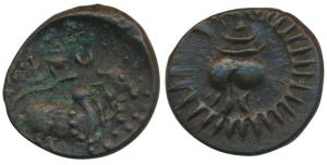 Pallavas of Kanchipuram, Potin Unit, 5.58g, obv. bull waking to right