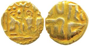 Cholas, Raja Raja I (985-1014 AD), Gold 1/8 Kahavanu (Fanam), .43g, obv. Chola dynastic em