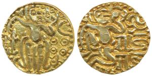 Imperial Cholas, Raja Raja I, Base Gold Kahavanu, 4.41g, obv. king seated right, arm on ri
