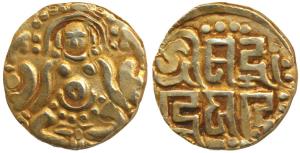 Kalachuris of Tripuri, Gangeya Deva, Gold Dinara, 4g, obv. Goddess Lakshmi seated facing f