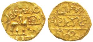 Hoyasalas of Dorasamudra, Vishnuvardhan (1106-1153 AD), Gold Pagoda, 4.13g, obv. standing 