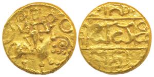 Hoyasalas of Dorasamudra, Vishnuvardhan, Gold Pagoda, 4.11g, obv. standing figure of Vishn