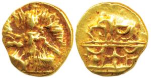 Vijayanagar Empire, Krishna Deva Raya, Gold ½ Pagoda, 1.68g, seated Balakrishna flanked by