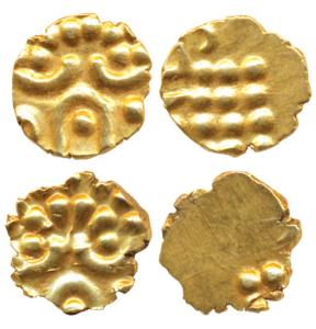 Veera Raya, Coorg, Gold Fanam (2), obv. stylized lion standing right with crescent above; 