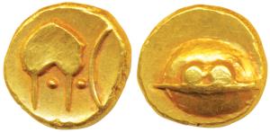 Anonymous, Hudki Gold Pagoda, 3.38g, a boat like uncertain symbol on obv., possibly the Go