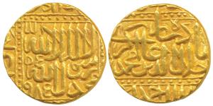 Akbar, Gold Mohur, 10.85g, Dar-ul-Sultanate Ahmedabad Mint, AH 985, Kalima on obv. (KM 108