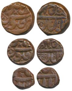 Akbar, Copper Dam, ½ and ¼, 20.55g, 9.93g and 5,45g, Burhanpur Mint, Ilahi type, Month Aba