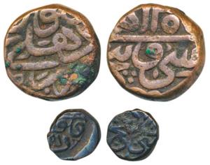 Akbar, Copper Dam and Damri (1/8 Dam), 20.2g and 2.48g, Delhi Mint, both with Si Wa Panj l