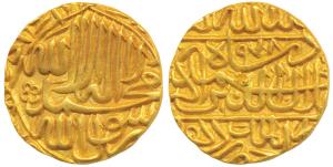 Akbar, Gold, Mohur, 10.93g, Dar-ul-Mulk Hazrat Delhi Mint, Kalima on obv., AH 978. (KM 106