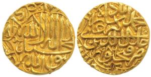 Akbar, Gold Mohur, 10.93g, Fathpur Mint, Kalima on obv., AH 986, obv. Kalima within hexafo