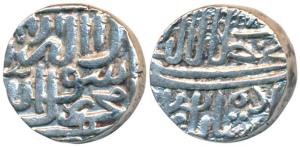 Akbar, Silver Tanka, 6.87g, Malwa issue, No Mint, AH 97X in top right corner, obv. Kalima 