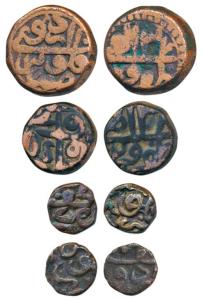 Akbar, Copper Dam, ½, 1/8 and 1/16, 20.03g, 10.01g, 2.22g and 1.59g, Urdu Zafar Qarin Mint