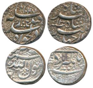 Jahangir, Silver Rupee (2), Jalnapur Mint, Kalima in floral background; Qandhar Mint, AH 1