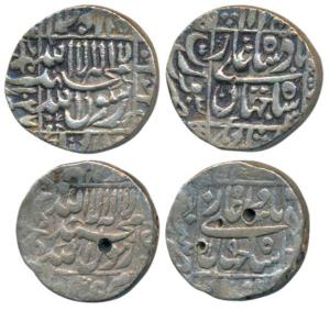 Shah Jahan, Silver Rupee (2), Patna Mint, RY 19; Surat Mint, AH 1067/3(0), error date, dig