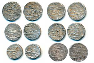 Aurangzeb, Silver Rupee (5), Ahmedabad, Akbarnagar, Nusratabad, Patna, Surat and Solapur M