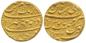 Aurangzeb, Gold Mohur, 10.96g, Shahjahanabad Mint, AH 1105/37, (KM 315.42). Very Fine+.