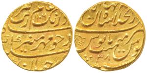 Aurangzeb, Gold Mohur, 10.95g, Dar-ul-Khilafat Shahjahanabad Mint, AH 1106/38 (KM 315.42).