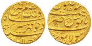 Aurangzeb, Gold Mohur, 11.02g, Solapur Mint, AH 1081/15, complete mint name at bottom (KM 