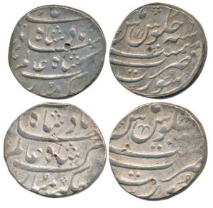 Shah Alam Bahadur, Silver Rupee (2), Surat Mint, RY 6, two different symbols in Seen of Ju
