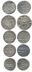 Muhammad Shah, Silver Rupee (5), Arkat Mint, AH 114X/10; Muhammadabad Banaras Mint, AH 11X